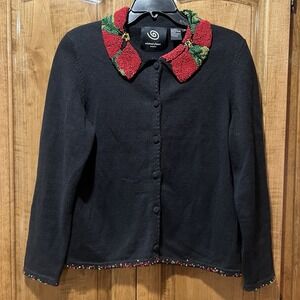 Michael Simon Vtg Christmas Cardigan Women M Black Floral‎ Poinsettia Beaded